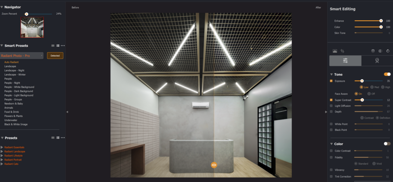 Screenshot of photo editing software interface showing a modern bathroom interior with geometric ceiling lights and concrete finishes.