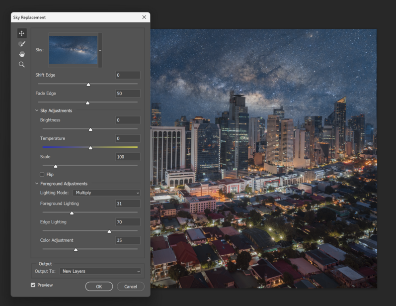 Screenshot of photo editing software with adjustment panel open, displaying a nighttime cityscape with illuminated buildings and starry sky.