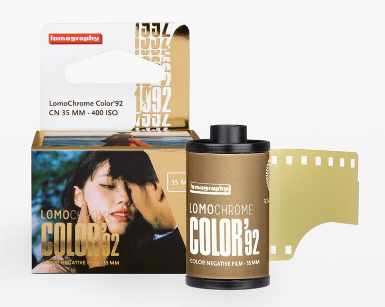 LomoChrome Color92 film stock product display with box, canister, and film strip samples.