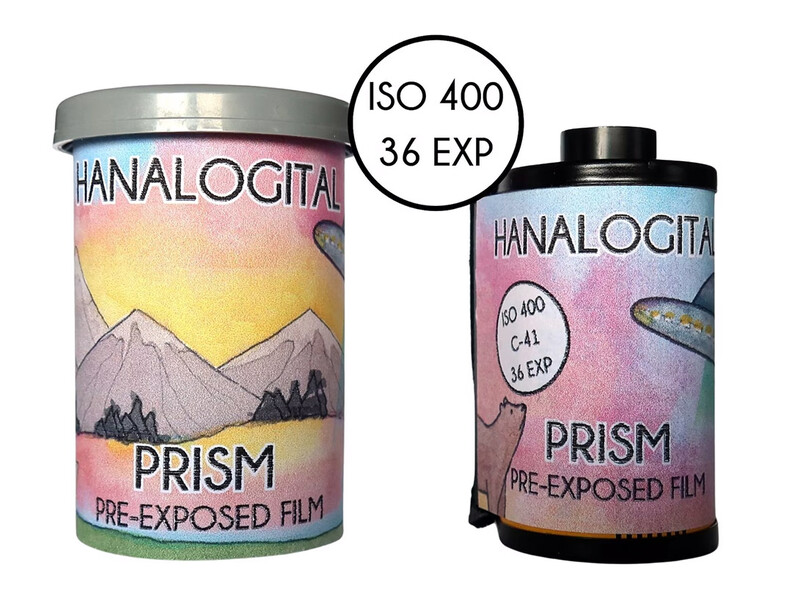 Two rolls of Hanalogita Prism pre-exposed film in different formats, with specifications labeled.