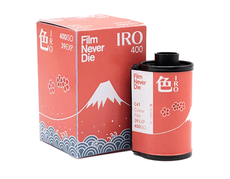 Fujifilm Iro 400 film box and 35mm canister with red packaging and Japanese design elements.