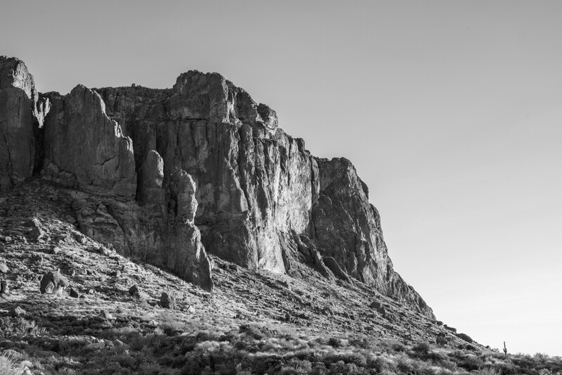 black and white image of cliff in superstition wilderness