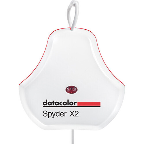 Datacolor Spyder X2 color checker device with white pear-shaped body and hanging loop.