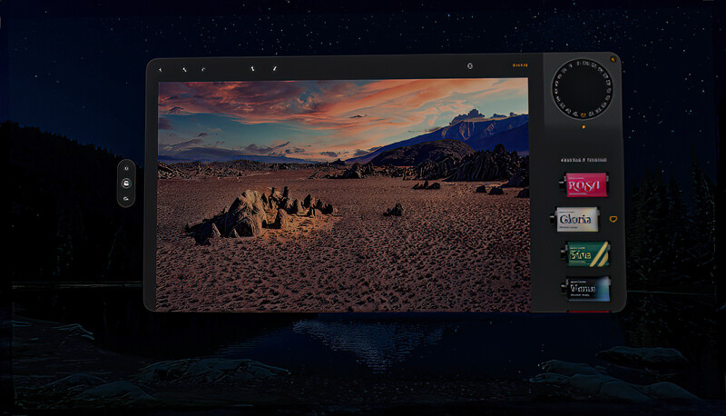 Screenshot of photo editing software displaying a desert landscape with rock formations at sunset.