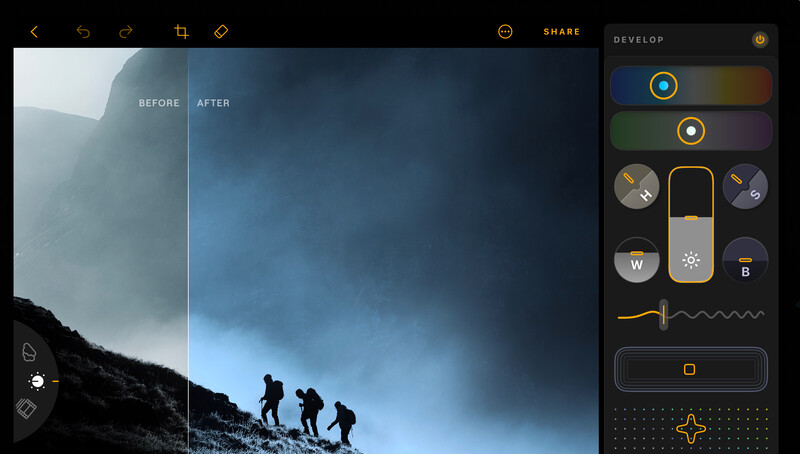 Screenshot of photo editing software showing before and after comparison of a mountain landscape with three hikers.