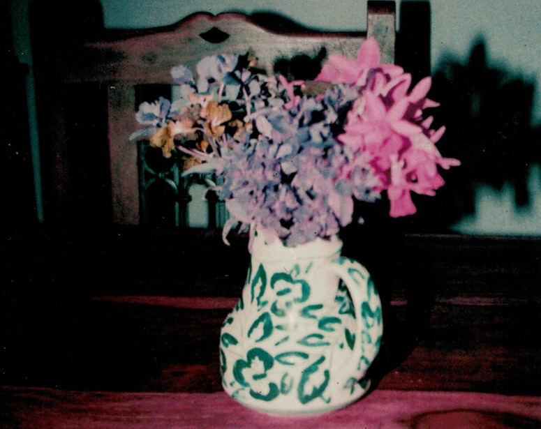 Vintage color film photograph of a ceramic vase with green leaf pattern filled with pink and lavender flowers.