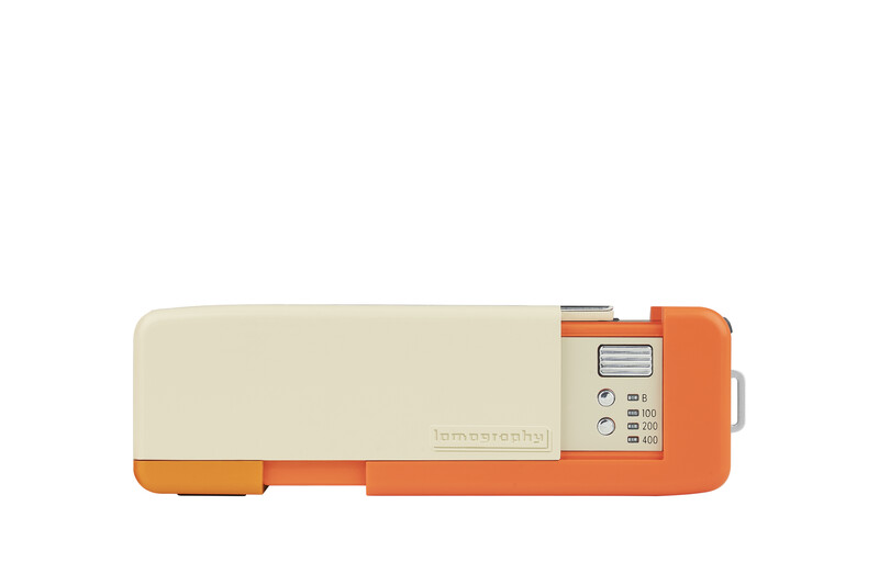 Illustration of an orange and cream vintage instant camera with control buttons on its right side.