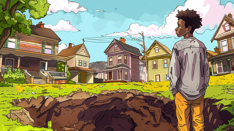 Illustration of a young man standing before a large crater in a residential neighborhood.