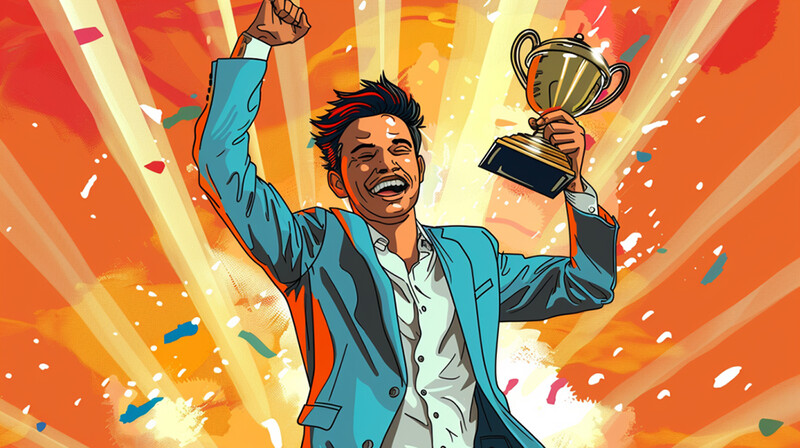Illustration of a man in a blue blazer holding a trophy with his fist raised in celebration.