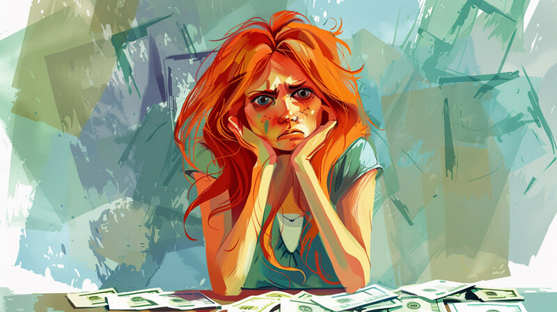 Illustration of a woman with vibrant orange hair, resting her head on her hands with a contemplative expression surrounded by scattered money.