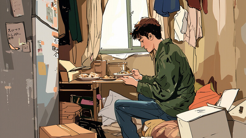 Illustration of a person eating at a desk in a cramped room filled with clothing and boxes.