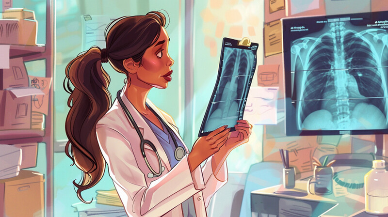 Illustration of a female doctor examining chest X-rays in a medical office.