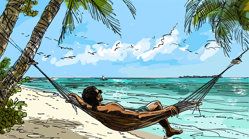 Illustration of a person relaxing in a hammock on a tropical beach with turquoise water and palm trees.