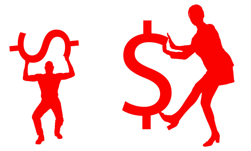 Illustration of two red silhouettes: one person lifting a currency symbol and another kicking a dollar sign.