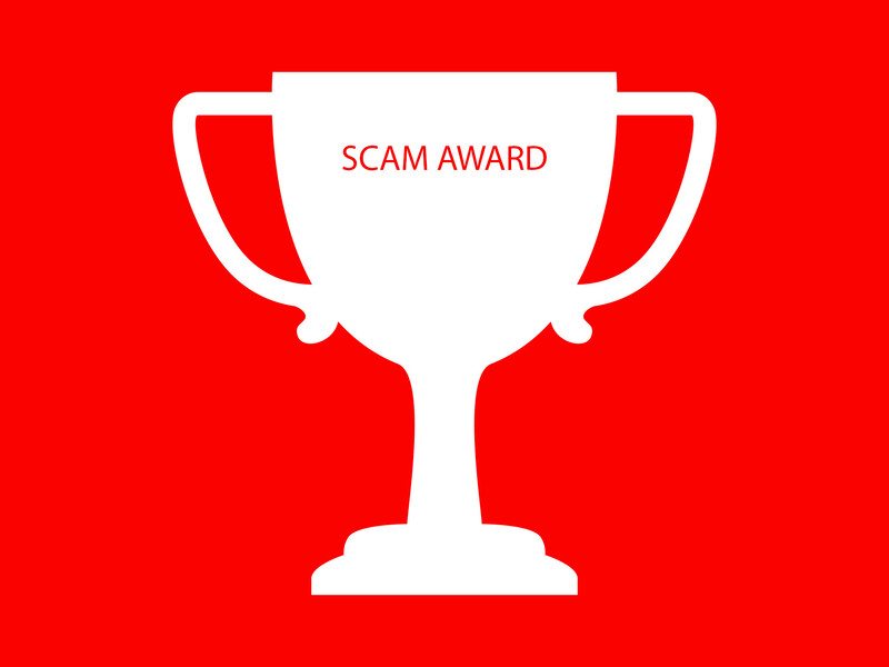Illustration of a trophy cup with white outline on bright red background labeled "SCAM AWARD."