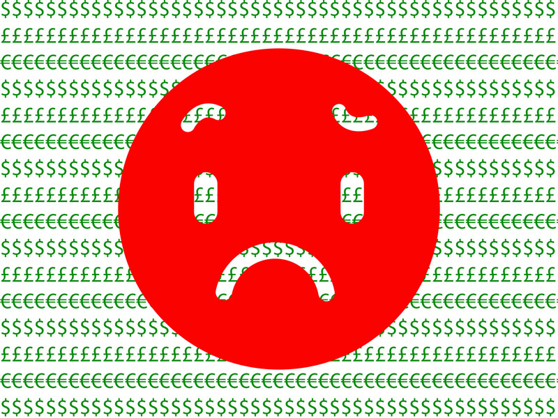 Illustration of a red sad face surrounded by repeating dollar and cent currency symbols.