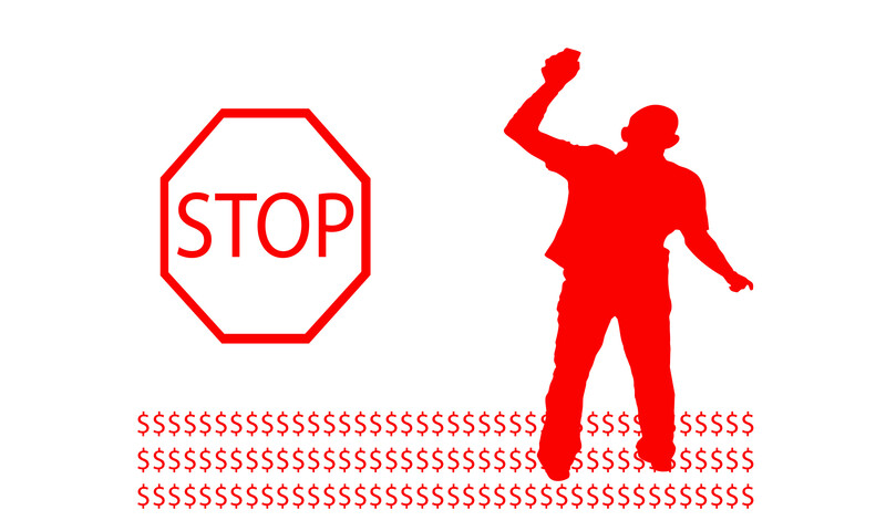 Illustration of a red stop sign next to a silhouetted figure jumping over dollar sign symbols.