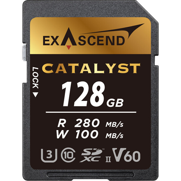 Exascend Catalyst 128GB SD memory card with specifications displayed.