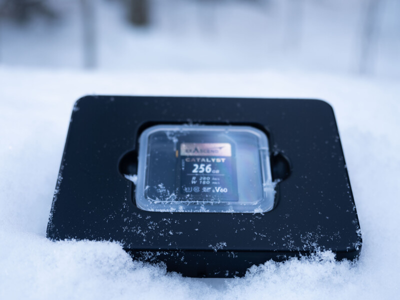 Digital light meter displaying 250 units, mounted on a black square reflector in snow.