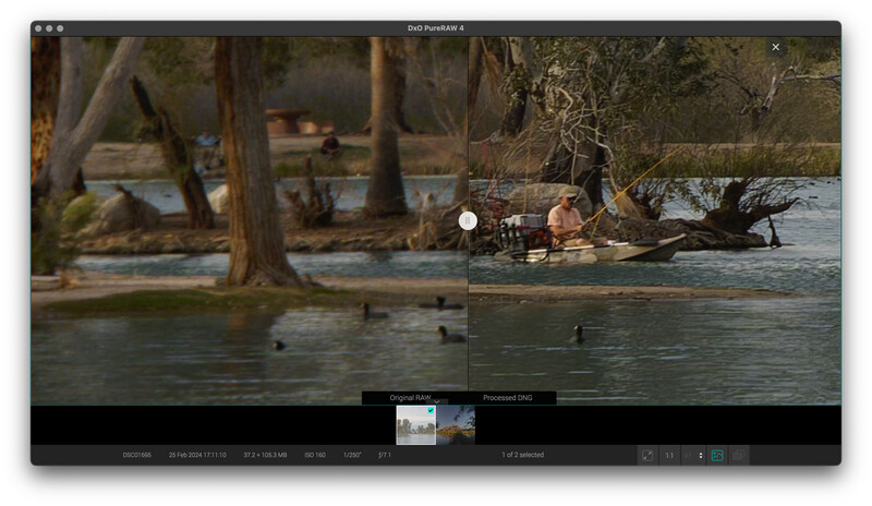 Screenshot of video editing software showing color correction interface with split-screen comparison of original and processed footage.