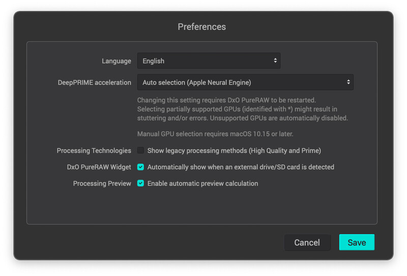 Screenshot of Preferences dialog showing language, acceleration, processing, and GPU settings for photo editing software.