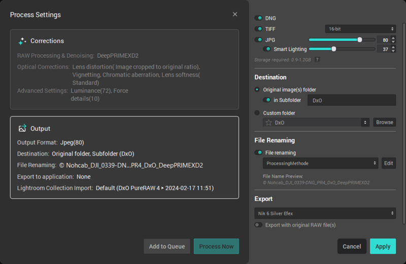 Screenshot of photo editing software showing Process Settings dialog with corrections, output options, and export controls.