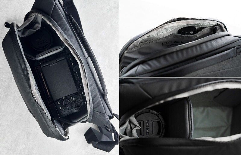 Two views of a black camera bag showing interior organization and padded compartments.