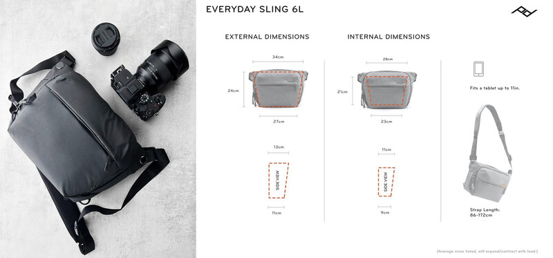 Everyday Sling 6L camera bag displayed with camera gear and technical specification diagrams.