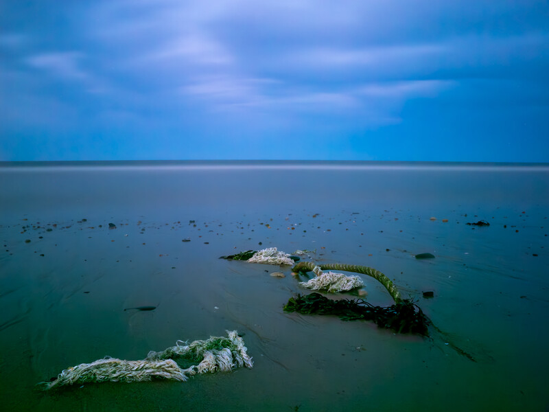 Weathered wooden posts emerge from calm, shallow water under a blue twilight sky.