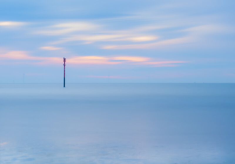 Solitary pole standing in calm water at dusk with pastel pink and blue sky.