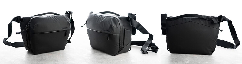 Three black camera messenger bags displayed from different angles showing shoulder strap and carrying configuration options.