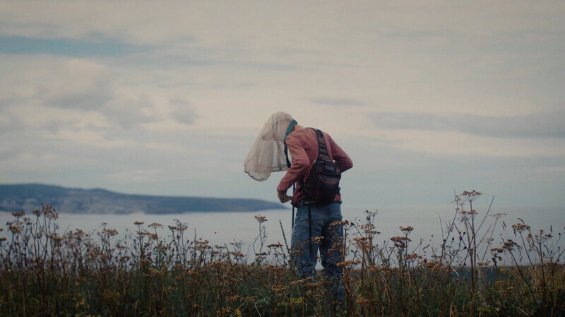 Hiker with backpack and white cloth held overhead standing in a field of dried plants overlooking a distant body of water.