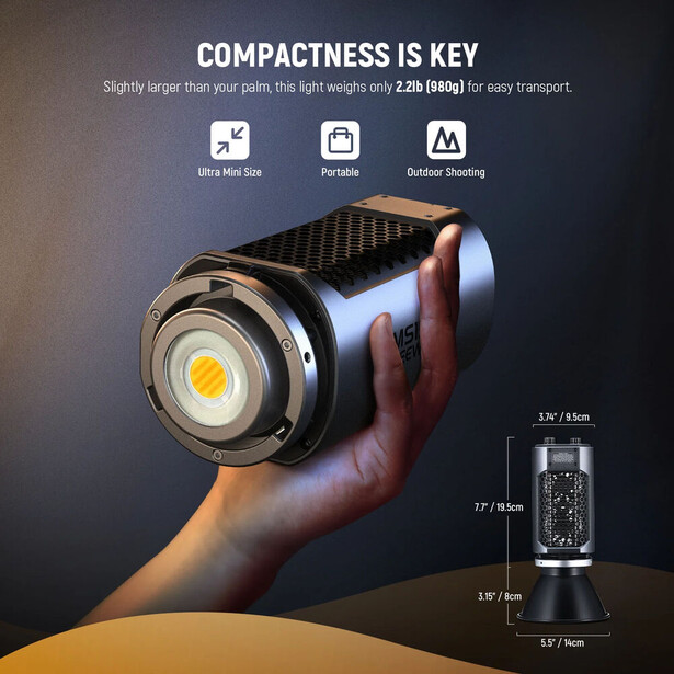 Compact LED light held in a hand, showing its ultra-compact size next to dimension measurements and specifications.