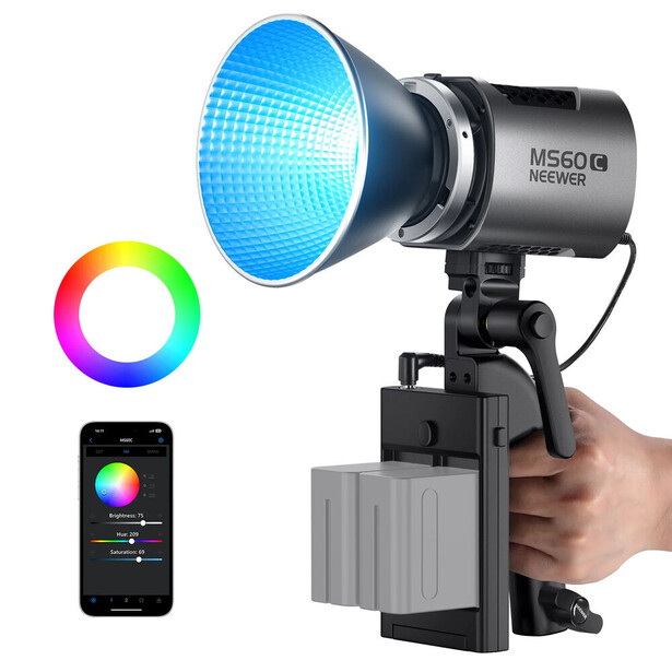 M560 LED light with smartphone control app, color wheel, and battery pack mounted on stand.