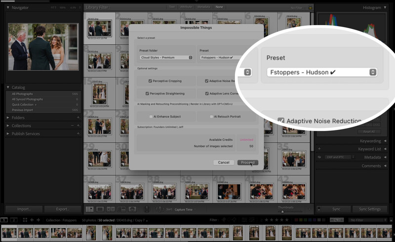 Screenshot of Lightroom's Develop module showing the Fstoppers - Hudson preset dialog with Adaptive Noise Reduction settings.