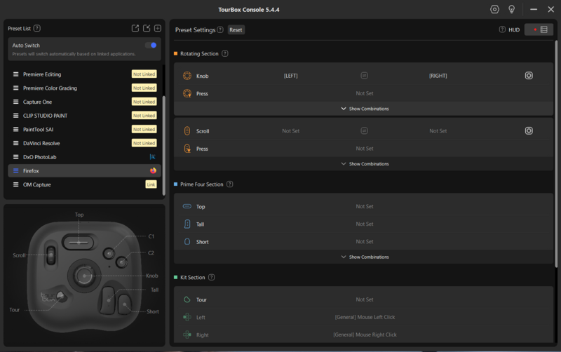 Screenshot of Tumblex Console 5.4.4 software interface showing controller configuration settings and preset options.