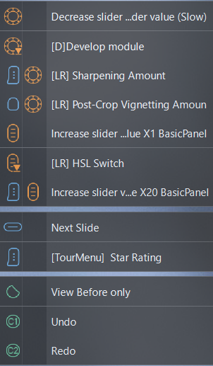 Screenshot of a photo editing software menu showing adjustment sliders and tools for developing raw images.