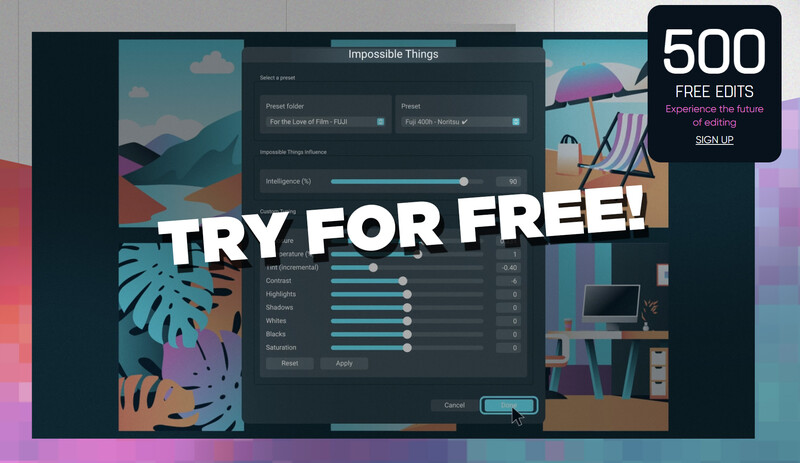 Screenshot of a photo editing software interface with adjustment sliders and a colorful landscape illustration.