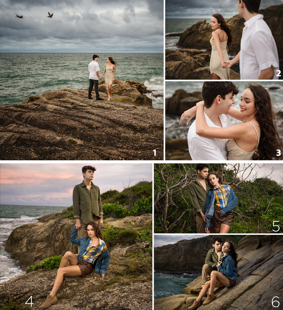 Six couples posing together outdoors at coastal and scenic locations during golden hour.