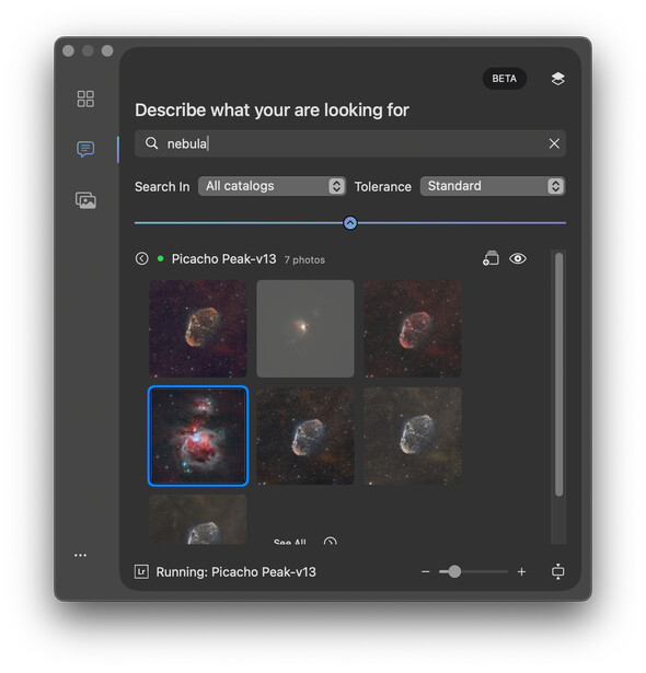 Screenshot of an AI image search interface displaying nebula and space imagery results.