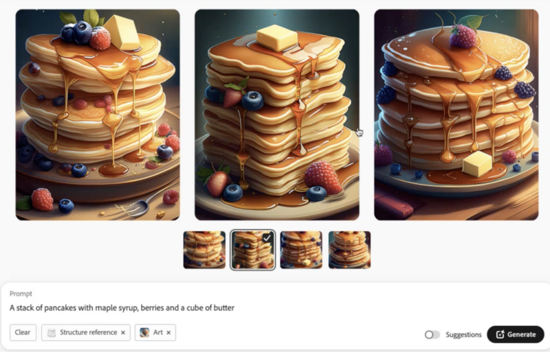 Three digital illustrations of stacked pancakes with maple syrup, berries, and butter.