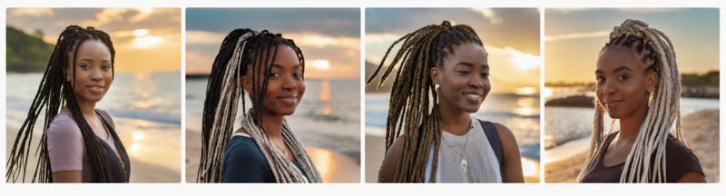 Four young women with braided hairstyles posing at sunset by the ocean.