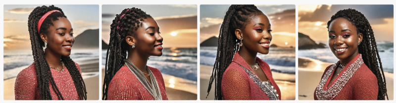 Four portrait shots of a woman with long braids wearing a rust-red sequined jacket against an ocean sunset backdrop.