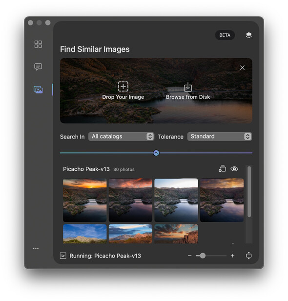 Screenshot of image search interface showing mountain landscape results with tolerance and search settings.