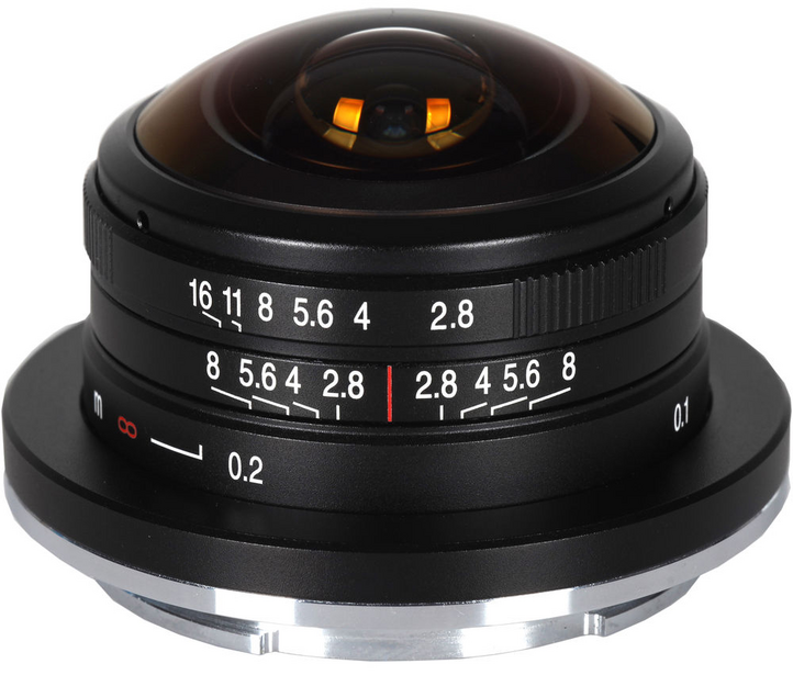 Fisheye lens with aperture and focus markings displayed on focus ring.