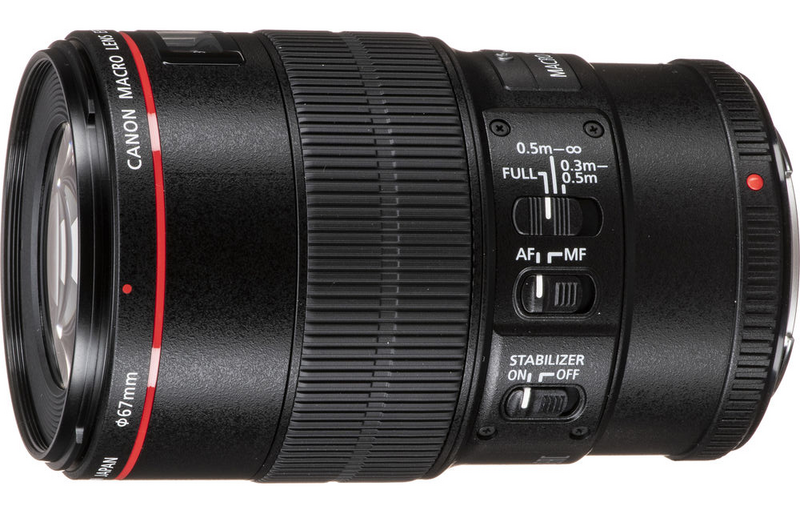 Canon macro telephoto lens with red ring, autofocus switches, and image stabilizer controls visible on black barrel.
