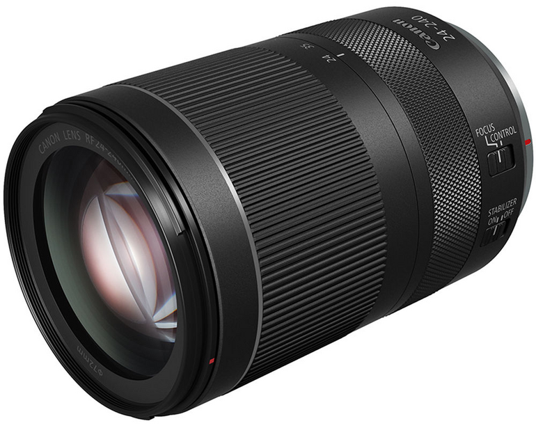 Black telephoto zoom lens with ribbed barrel and textured grip ring, shown at three-quarter angle.