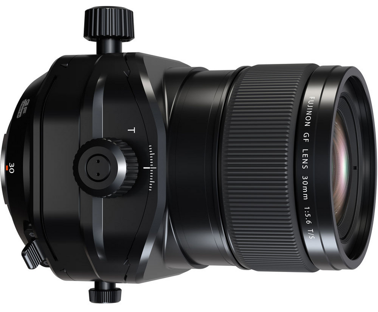 Perspective-control lens with helicoid focusing mechanism and front element adjustment knob, mounted on white background.