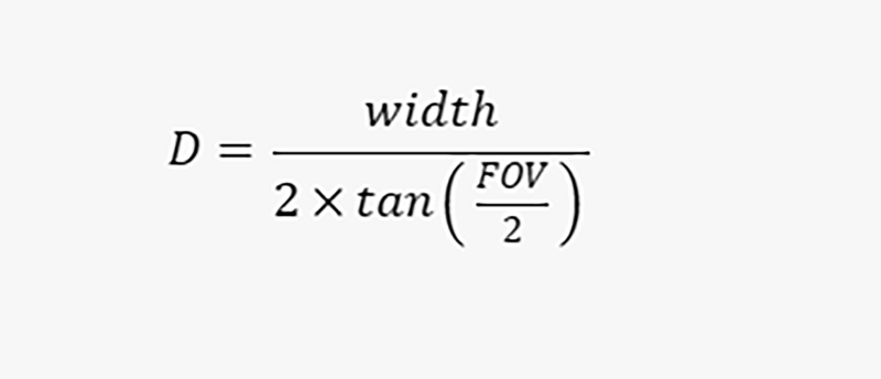 Mathematical formula for calculating depth of field using width and field of view angle.