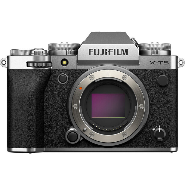 Fujifilm X-T5 mirrorless camera body with silver top plate and black grip, shown from front with lens mount visible.